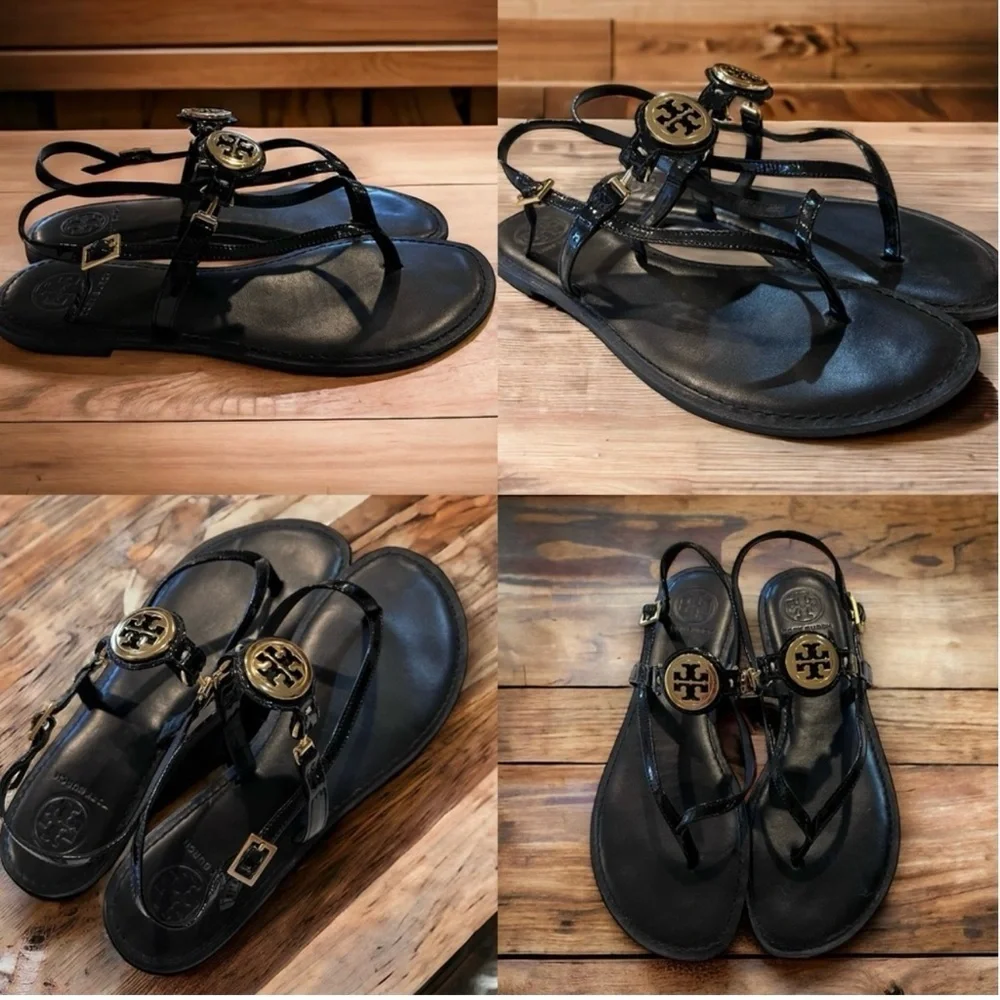 Tory Burch Ali Sandals Black patent leather w/gold insignia Gorgeous! Vintage.